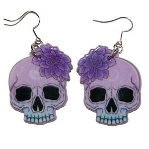 Purple Skull Flower Earrings Goth Hypoallergenic 925 Silver Dangle Jewelry